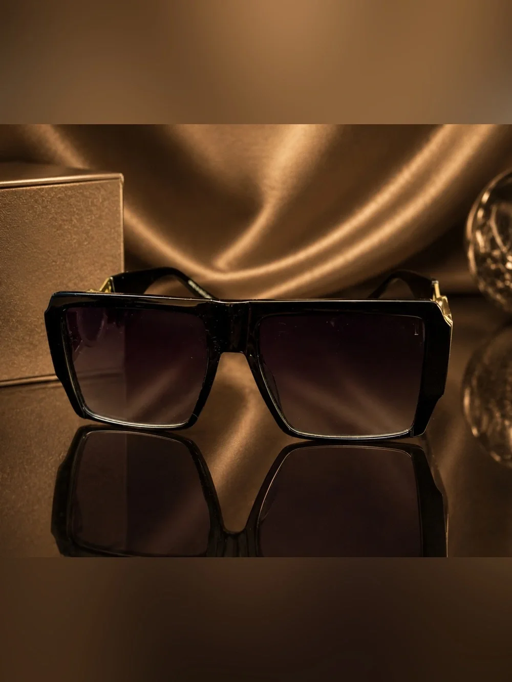 Black Medusa Sunglasses with Gold Medallion Accent